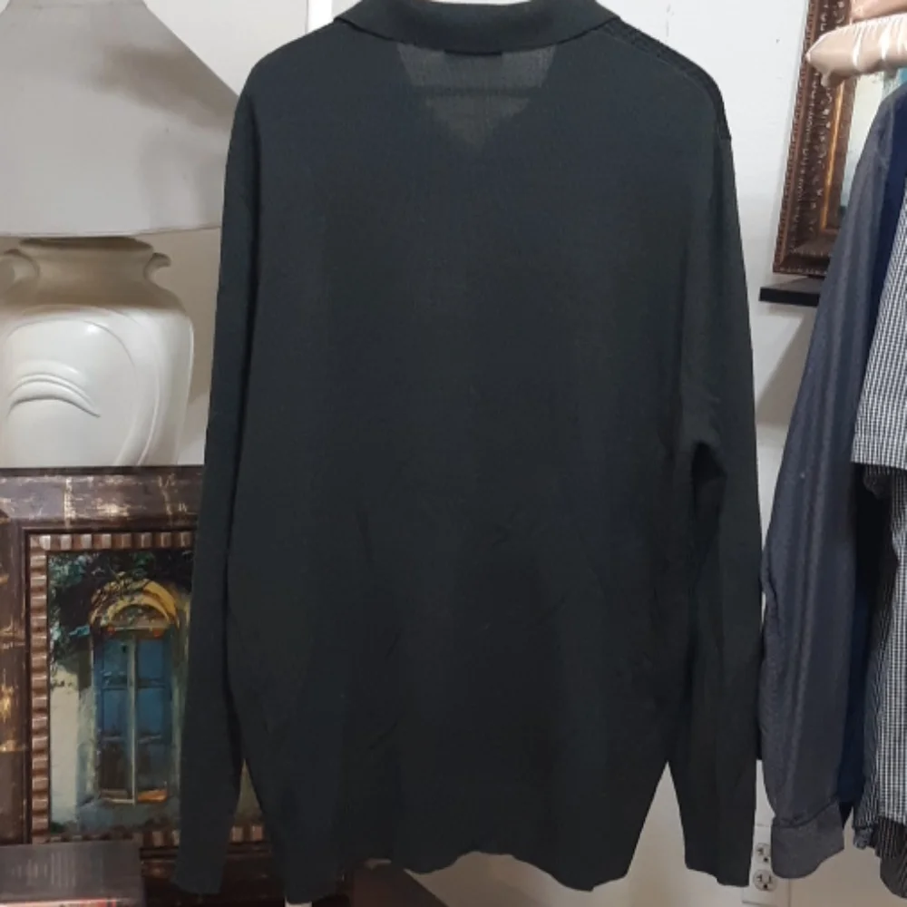 DOCKERS Mens Collared knit Sweater Sz L XL Green Black Print Long Sleeve b36